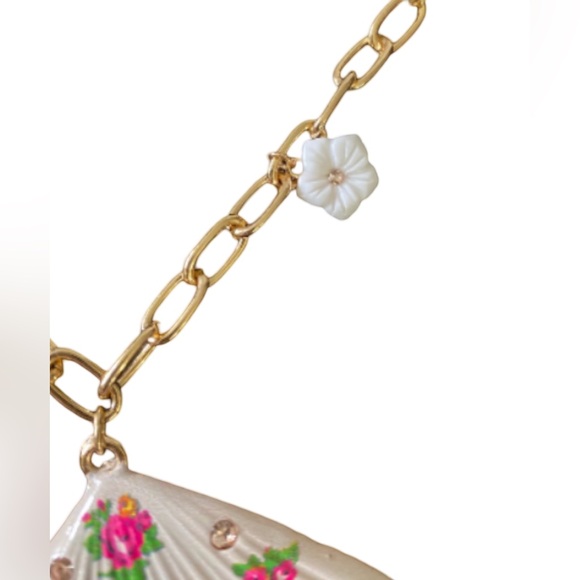 Betsey Johnson NWT Shell Necklace Pink Crystals & Floral Print Design (J028) - Picture 5 of 6
